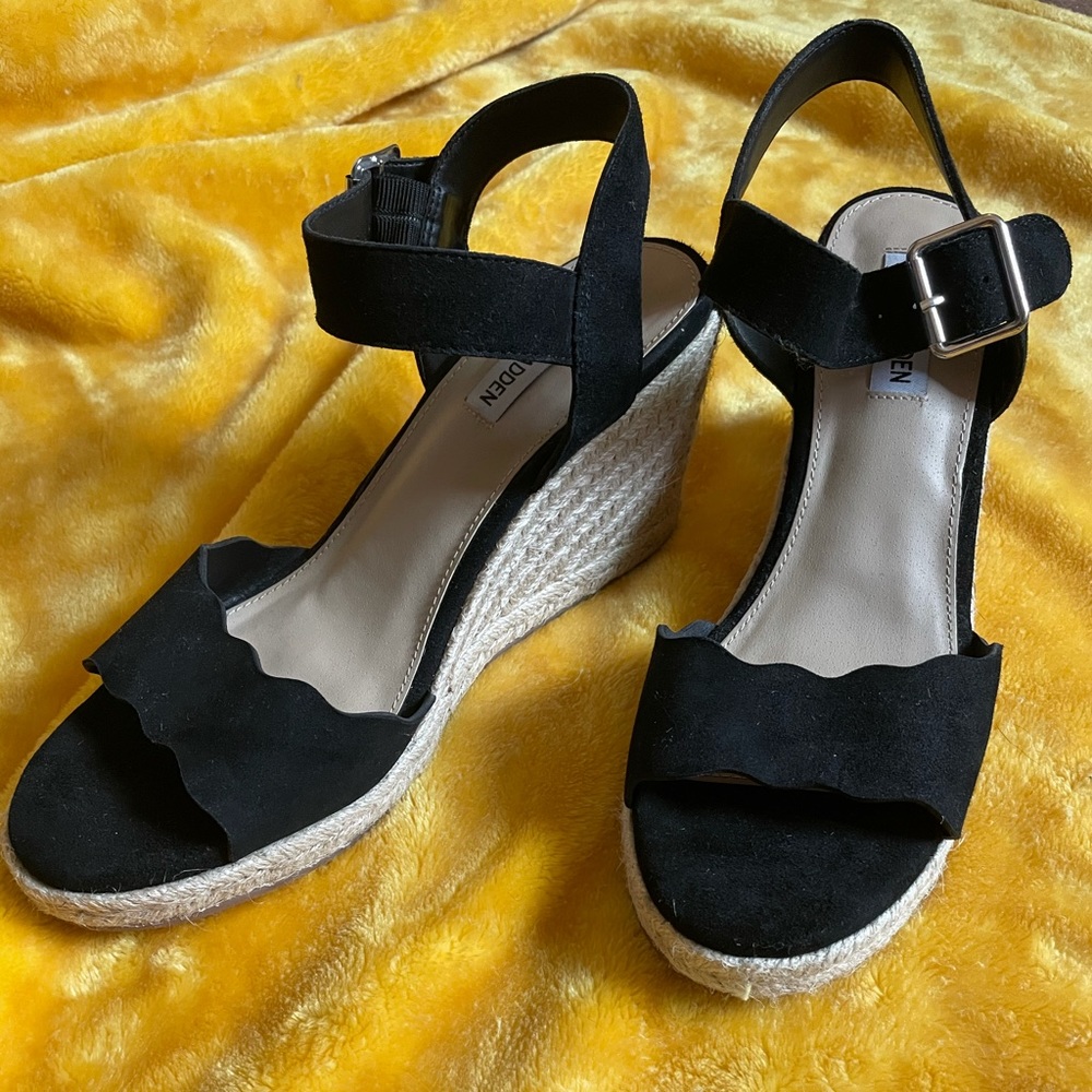 Steve Madden Black Suede Espadrille Wedge Sandal